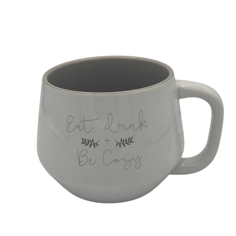 Simply Autumn Ceramic Mug Eat Drink and Be Cozy Design 14 Oz White & Gray
